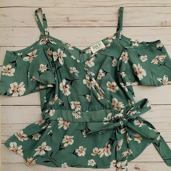🎉2 for $15🎉 Teal Floral Cold Shoulder Blouse - Picture 2 of 3